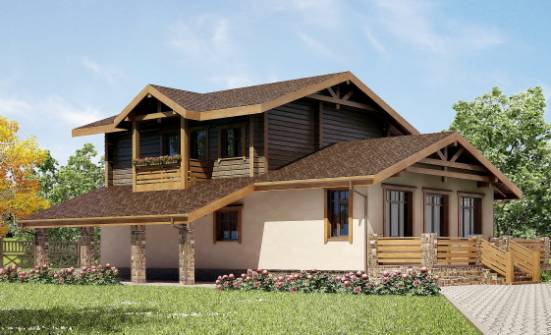 170-004-П Проект двухэтажного дома мансардой и гаражом, компактный коттедж из теплоблока из бревен Анапа | Проекты домов от House Expert