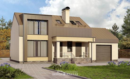 150-015-Л Проект двухэтажного дома с мансардой и гаражом, недорогой домик из теплоблока Анапа | Проекты домов от House Expert