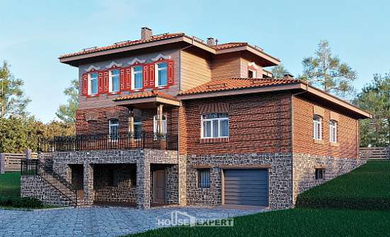 380-002-Л Проект трехэтажного дома и гаражом, современный коттедж из кирпича Анапа | Проекты домов от House Expert