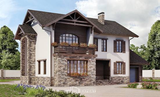 200-005-П Проект двухэтажного дома и гаражом, классический коттедж из бризолита Анапа | Проекты домов от House Expert