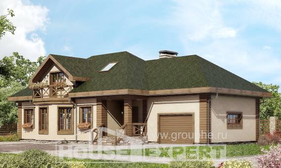 180-010-П Проект двухэтажного дома с мансардой, гараж, уютный домик из поризованных блоков Анапа, House Expert